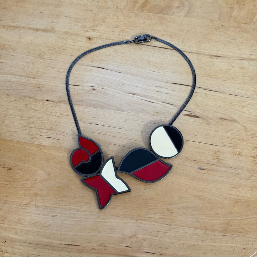 Vintage MONET "Directives" Art Deco Runway Necklace Red Black Cream Cloisonné